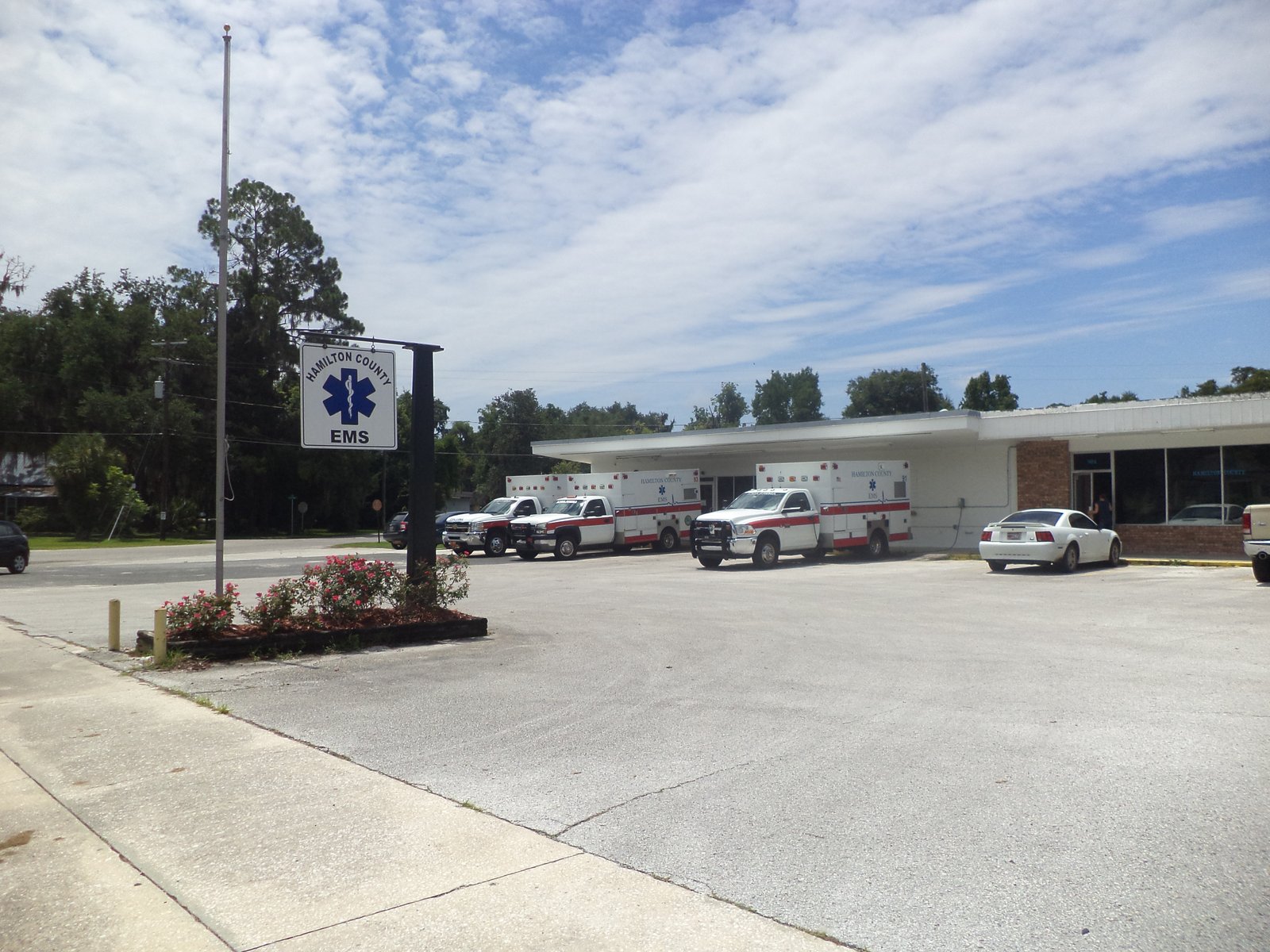 Ambulances parked outside the Hamilton County EMS station in Jasper, Florida