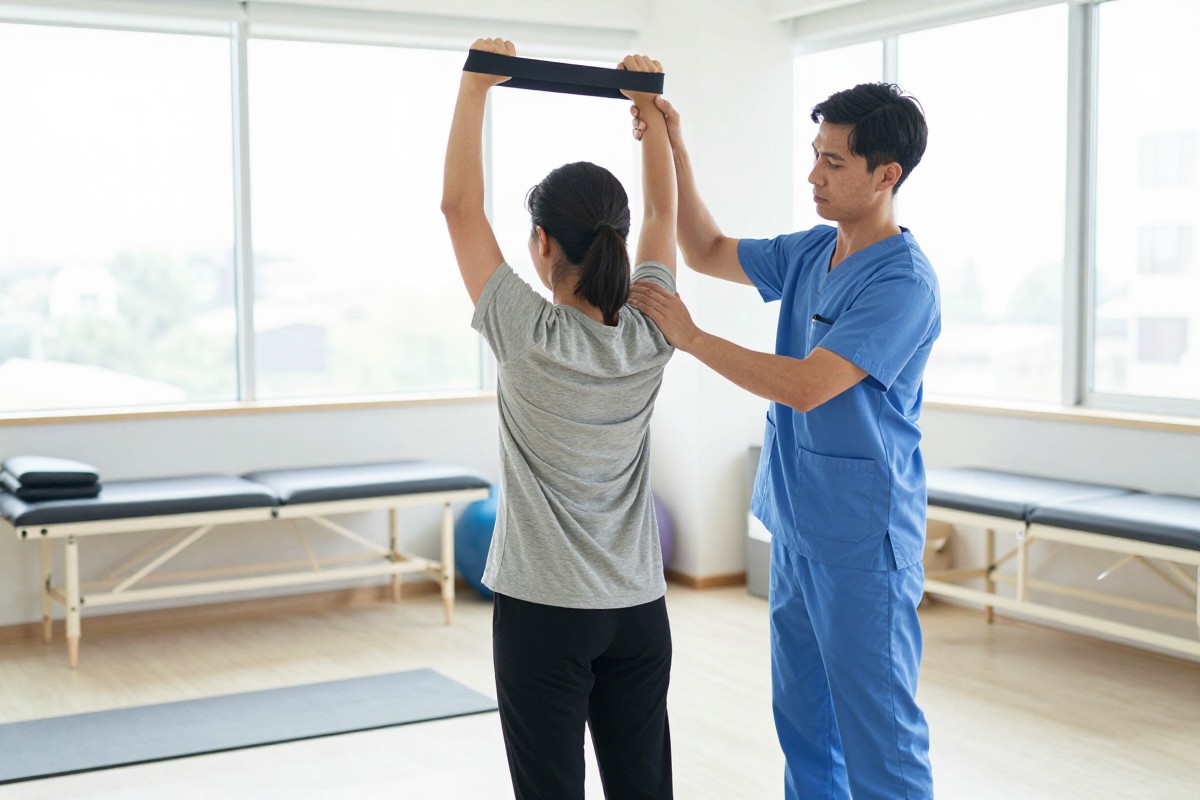 Illustrative AI-generated image of a physical therapist assisting a patient with a shoulder exercise in a rehabilitation clinic, representing the kind of evaluation involved in reaching maximum medical improvement.